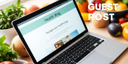 Laptop displaying health blog with fruits and vegetables around.
