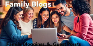 Family collaborating on a blog post at home.