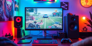Colorful gaming setup with accessories and computer screen.