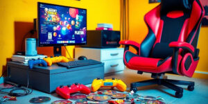 Dynamic gaming setup with controllers and snacks scattered.