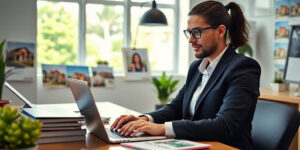 Real estate agent working on marketing strategies in office.