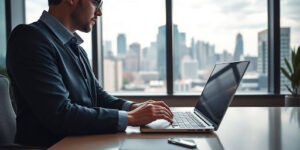Real estate agent using laptop with city skyline view.